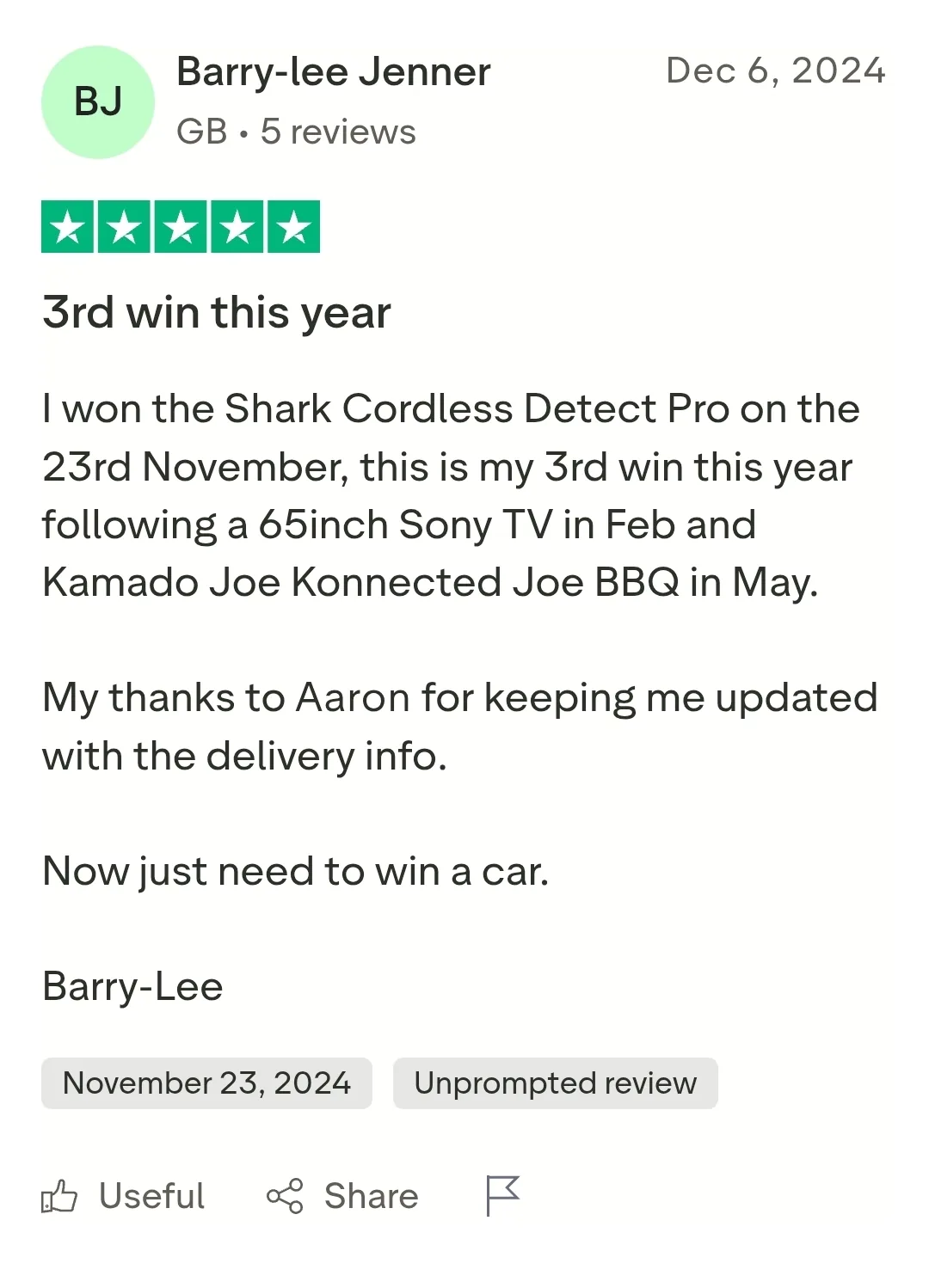 Barry-lee Jenner, December 2024: five-star review on a third win, thanking Aaron for keeping him updated with delivery info