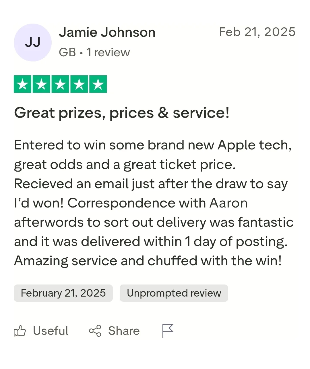 Jamie Johnson, February 2025: five-star review saying correspondence with Aaron to sort delivery was fantastic and it arrived within a day of posting