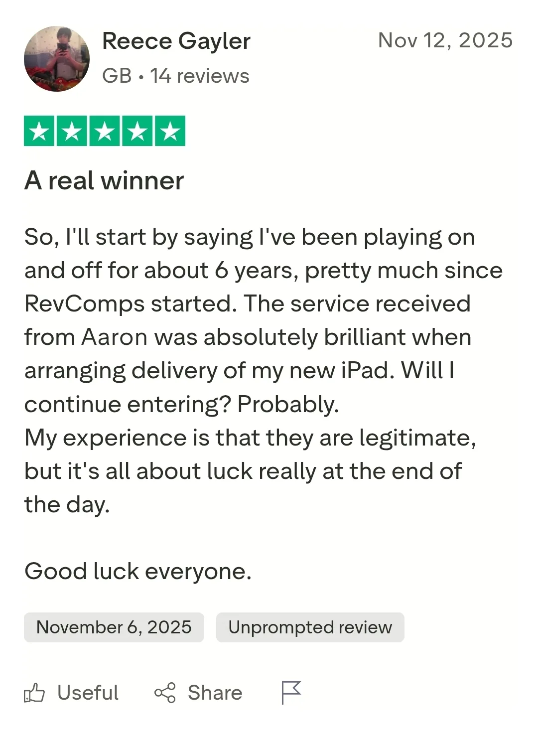 Reece Gayler, November 2025: five-star review saying the service from Aaron arranging delivery of his new iPad was absolutely brilliant